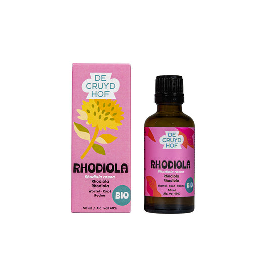 Cruydhof Rhodiola rosea herbal extract in a 50ml bottle, featuring fresh roots and natural rhodiola ingredients for herbal preparation.