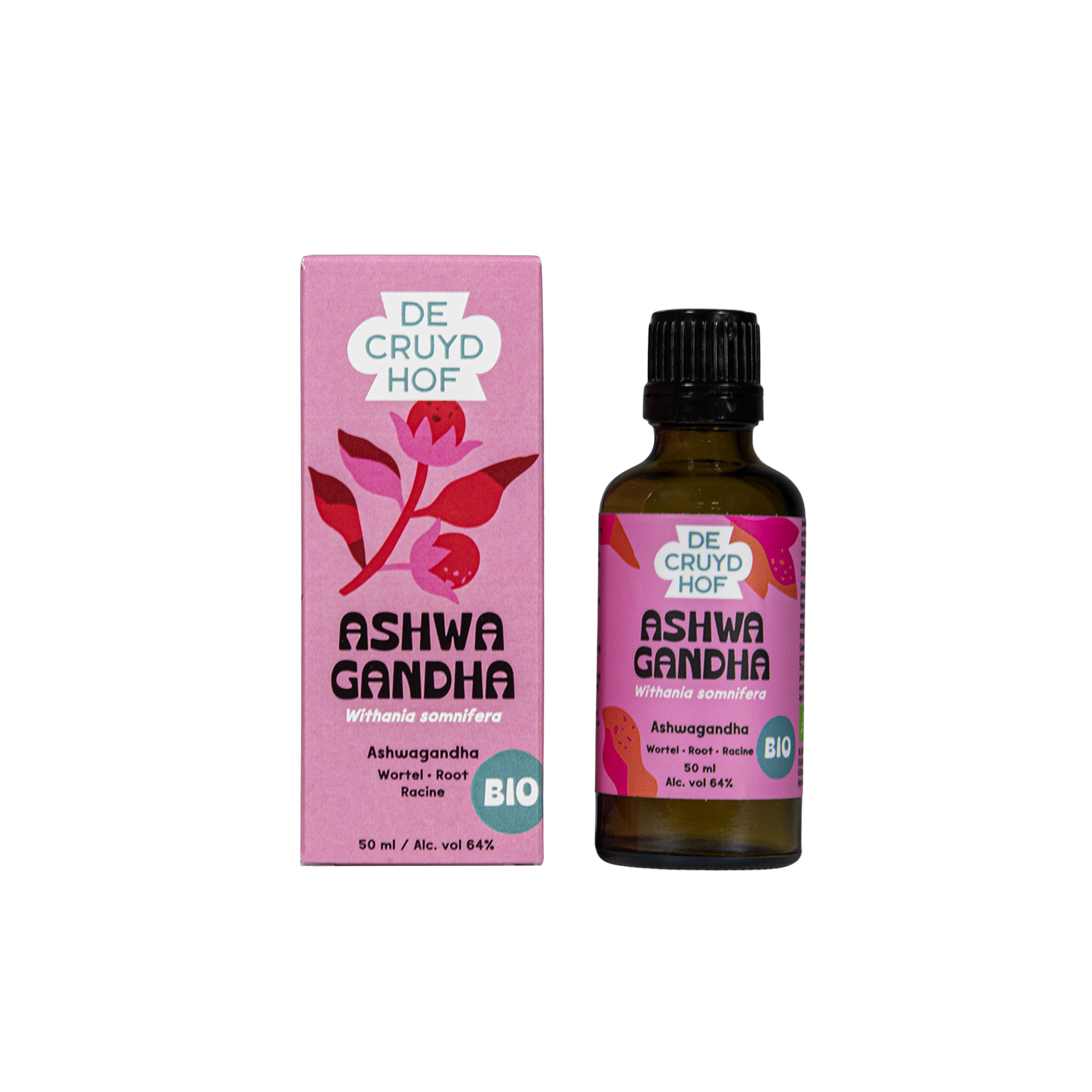 Cruydhof Withania somnifera Ashwagandha organic herbal extract in 50ml bottle, featuring brownish liquid and herbal labeling.