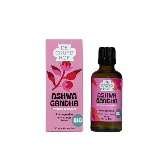 Cruydhof Withania somnifera Ashwagandha organic herbal extract in 50ml bottle, featuring brownish liquid and herbal labeling.