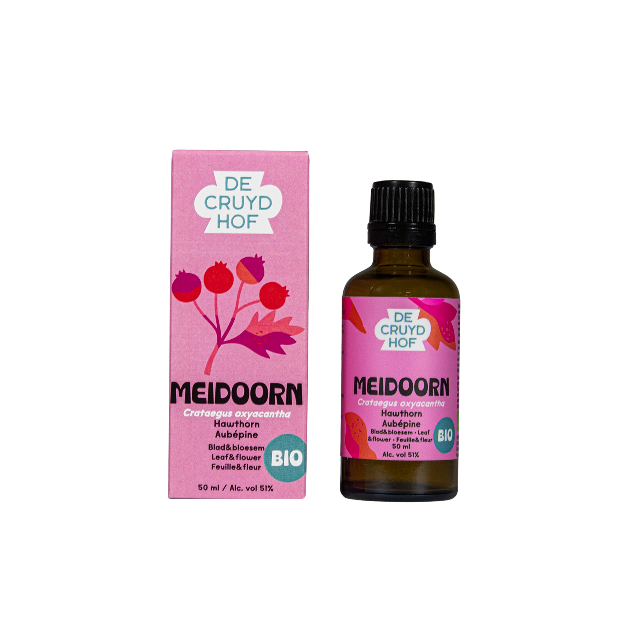 Cruydhof Crataegus oxyacantha herbal extract in 50ml bottle, featuring hawthorn leaves and flowers for herbal preparation.