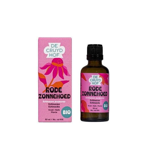 Cruydhof Echinacea purpurea herbal tincture in a 50ml bottle, featuring vibrant purple echinacea flowers and herbal ingredients.
