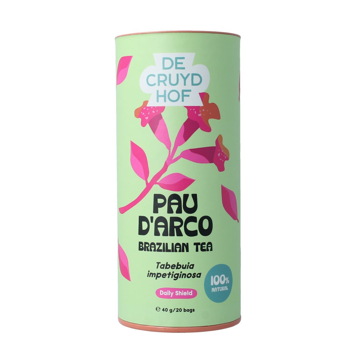 Cruydhof Pau d'Arco lapacho tea bags, 20 packs, natural herbal tea for wellness, in a simple packaging with tea bag image.