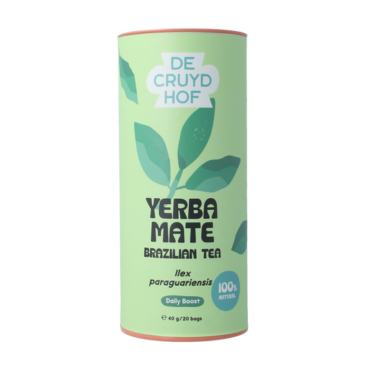 Cruydhof yerba mate Ilex paraguariensis tea leaves in a box, 20 pieces, natural caffeine source for tea and coffee enthusiasts.