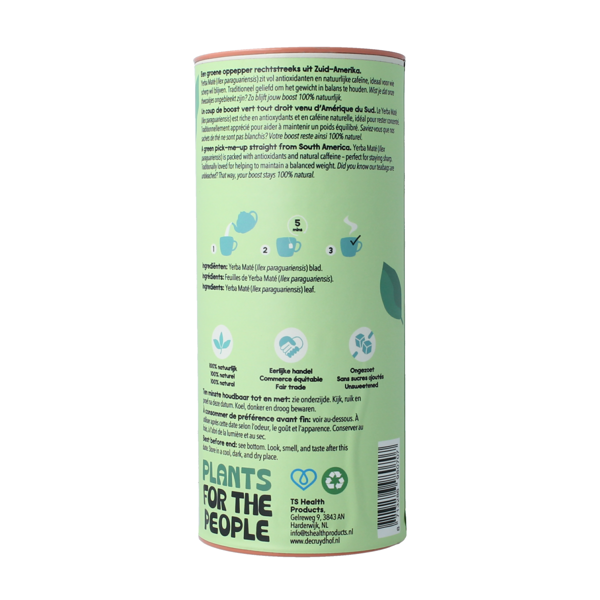 Cruydhof yerba mate tea leaves, Ilex paraguariensis, 20 grams, in a natural tea product image.