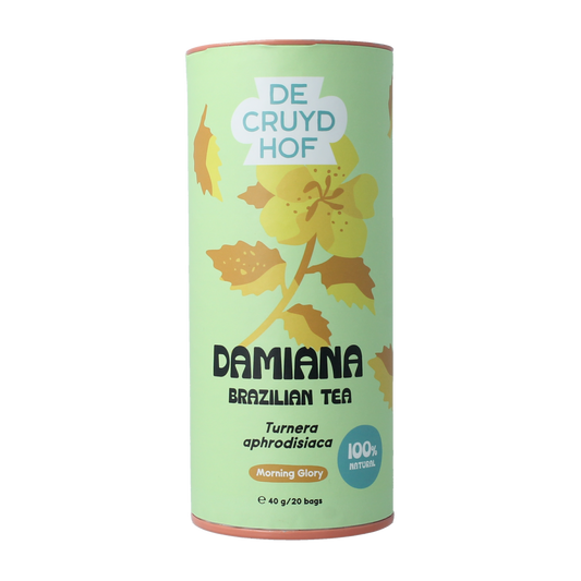Cruydhof Damiana tea leaves, 20 herbal tea bags, herbal tea and coffee product with dried turnera aphrodisiaca plant.