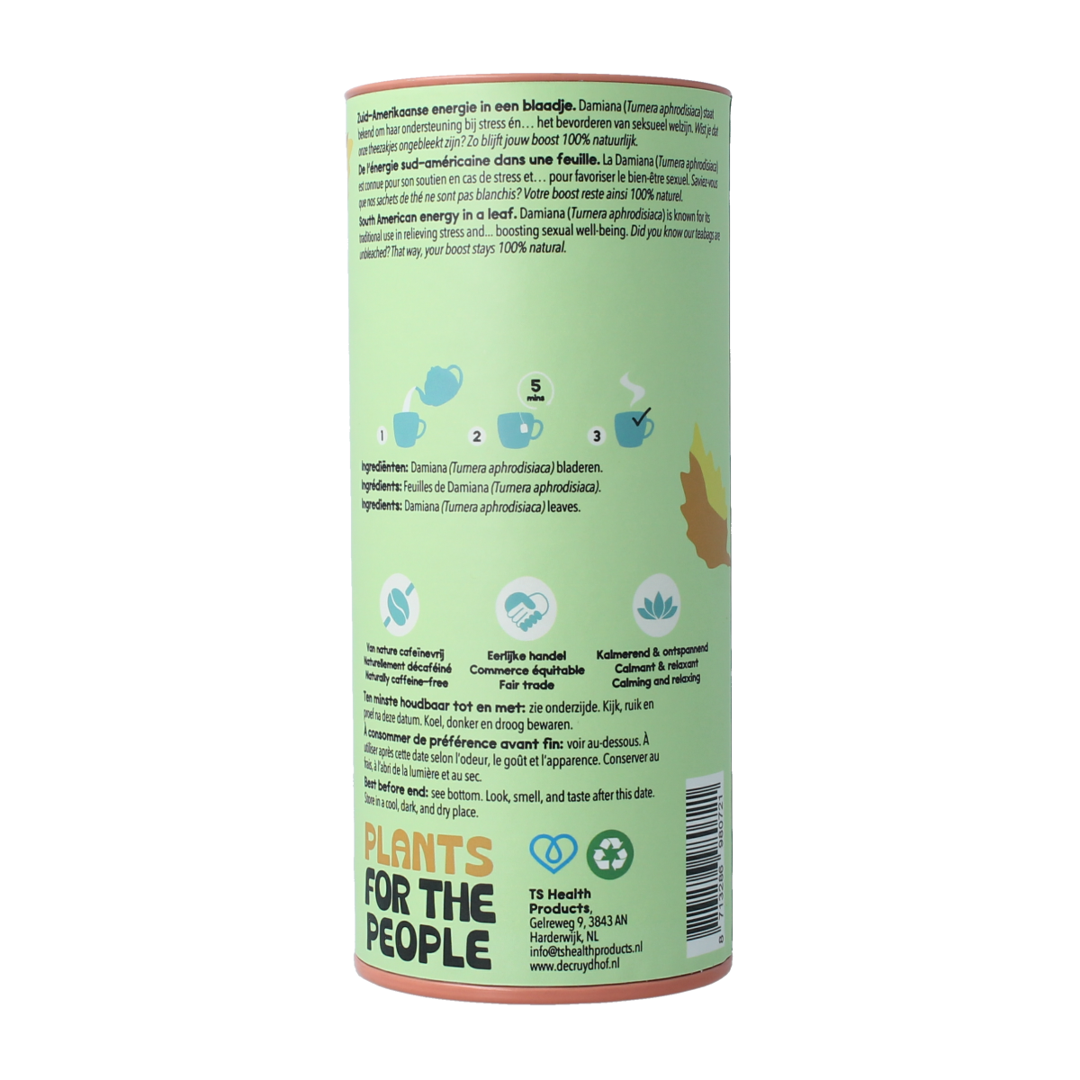 Cruydhof Damiana tea leaves, 20 pieces, aromatic herbal tea from Turnera aphrodisiaca, in packaging with green and white accents.