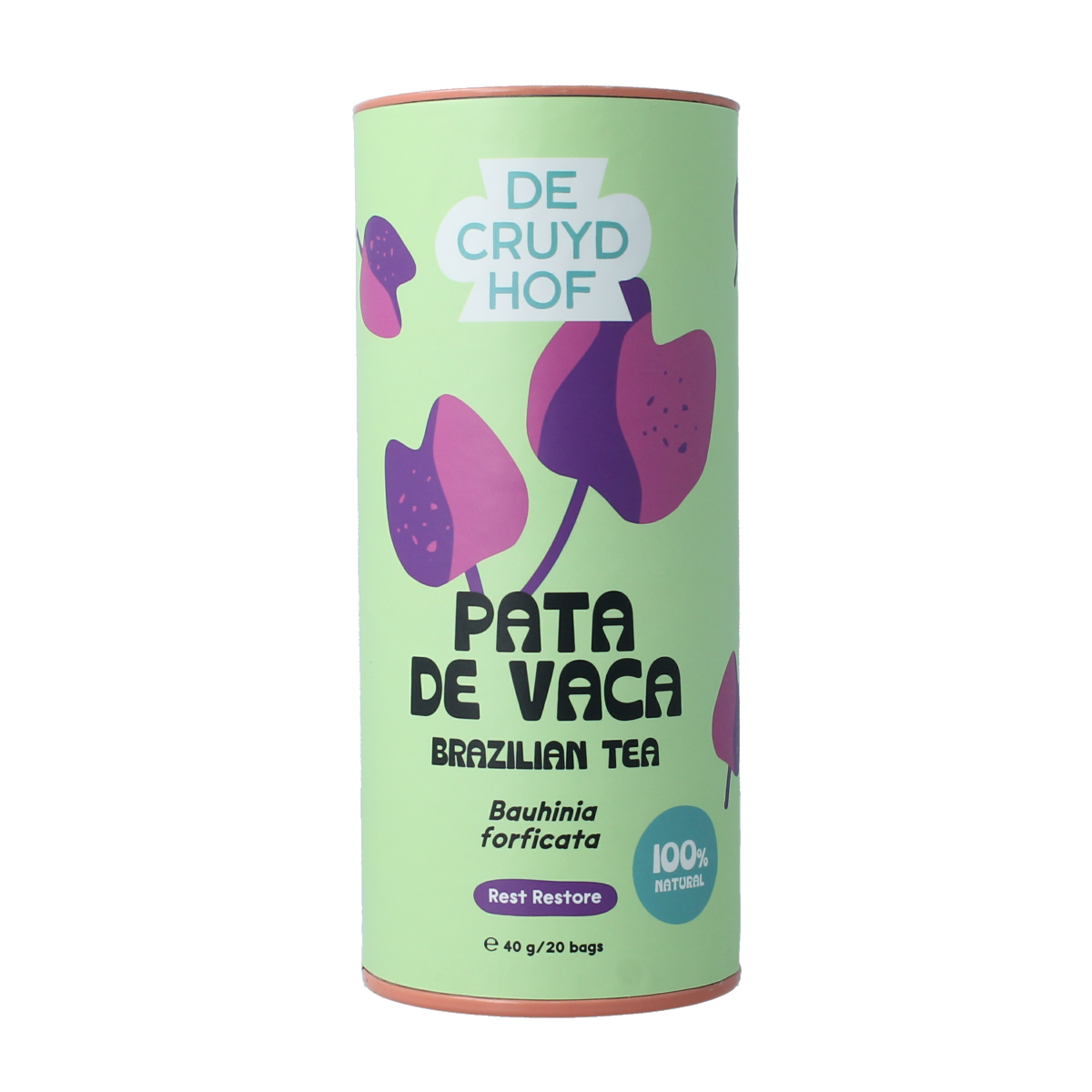 Cruydhof Bauhinia forficata tea bags, 20 pack, in a box with green leaves, for herbal tea and natural health benefits.