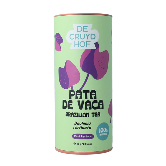 Cruydhof Bauhinia forficata tea bags, 20 pack, in a box with green leaves, for herbal tea and natural health benefits.