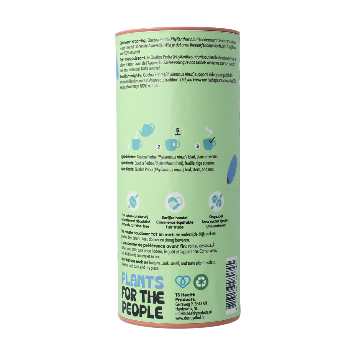 Cruydhof Thee quebra pedra herbal tea with Phyllanthus niruri, 20 tea bags in a natural, resealable packaging.