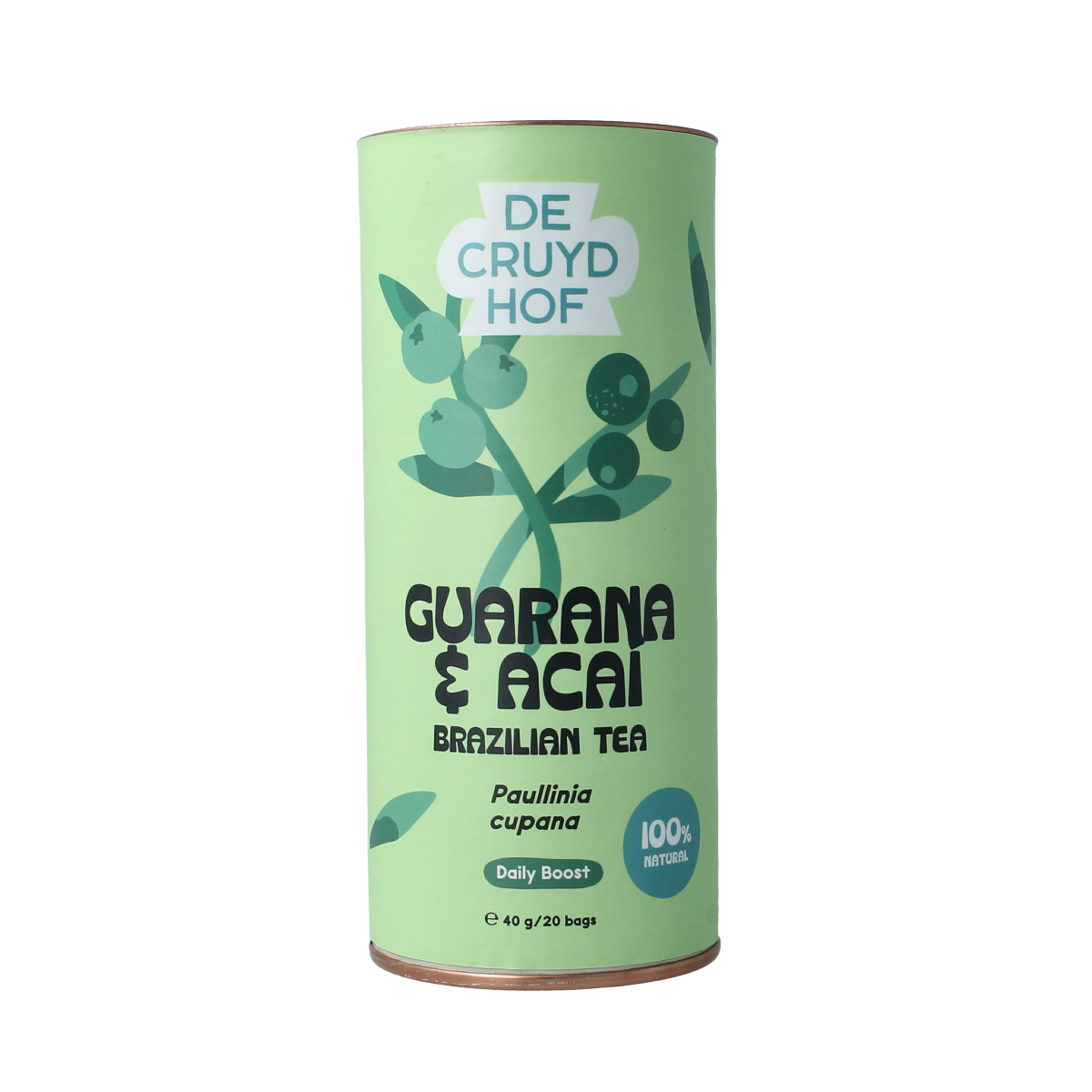 Cruydhof Thee guarana and acai, 20 pieces, natural herbal tea in a colorful box, ideal for energizing drinks and wellness.