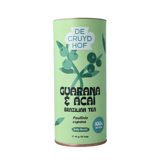 Cruydhof Thee guarana and acai, 20 pieces, natural herbal tea in a colorful box, ideal for energizing drinks and wellness.