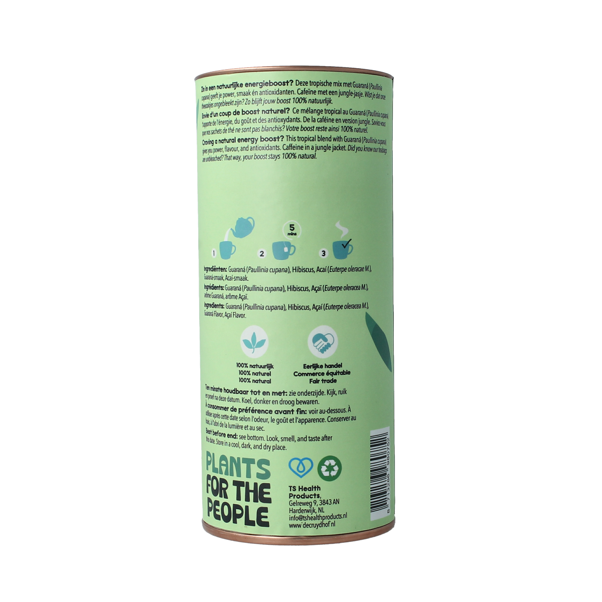 Cruydhof Guarana and Acai tea, 20 disposable coffee and tea bags in eco-friendly packaging.