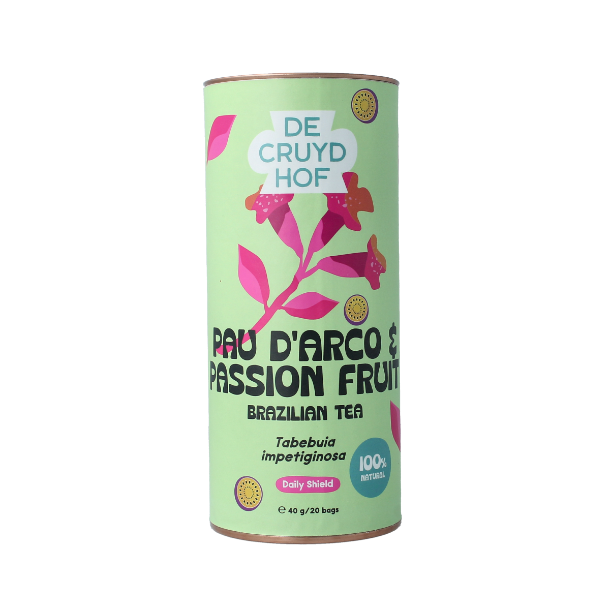 Cruydhof Thee pau d'Arco and passion fruit tea boxes, herbal tea product, packaged in a box with vibrant fruit illustrations.