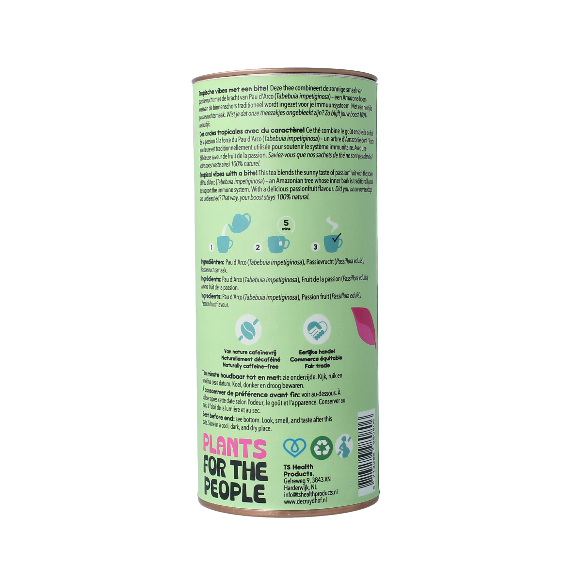 Cruydhof Pau d'Arco and passion fruit tea boxes, 20 pieces, natural herbal blend, coffee and tea product, colorful packaging.