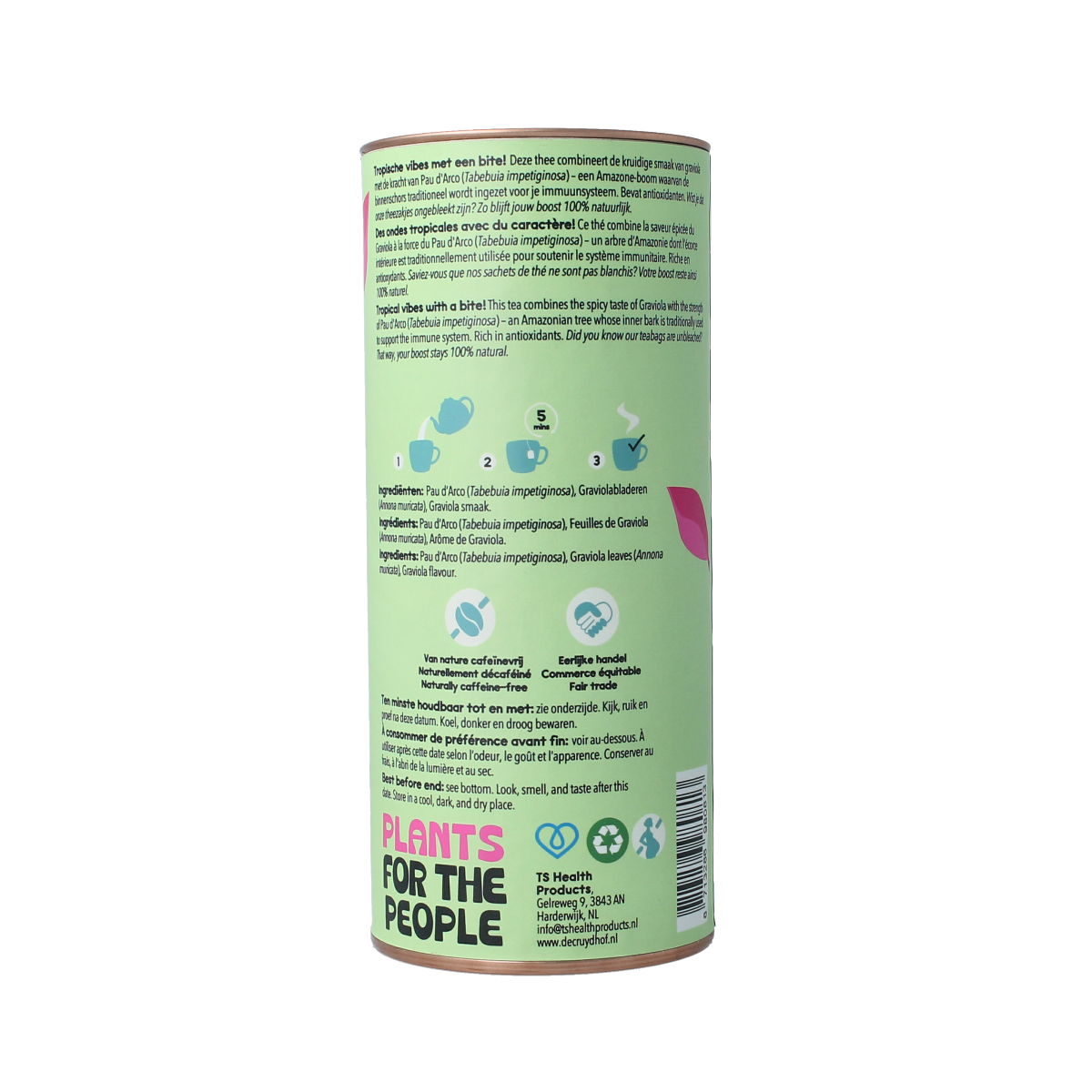 Cruydhof pau d'arco and graviola herbal tea in a box, natural health supplement, 20 pieces, with tea bags and packaging visible.