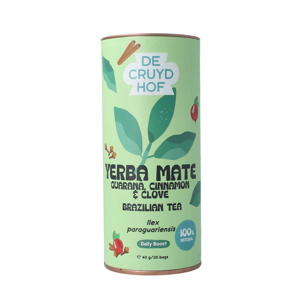 Cruydhof yerba mate tea with guarana, cinnamon, and clove in a box of 20 tea bags, natural herbal tea blend.
