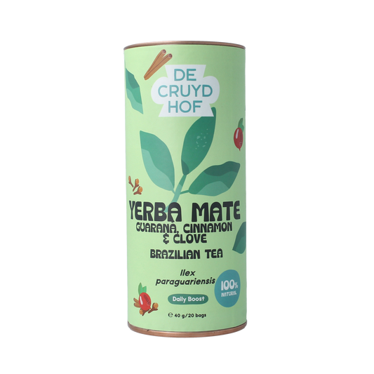 Cruydhof yerba mate tea with guarana, cinnamon, and clove in a box of 20 tea bags, natural herbal tea blend.