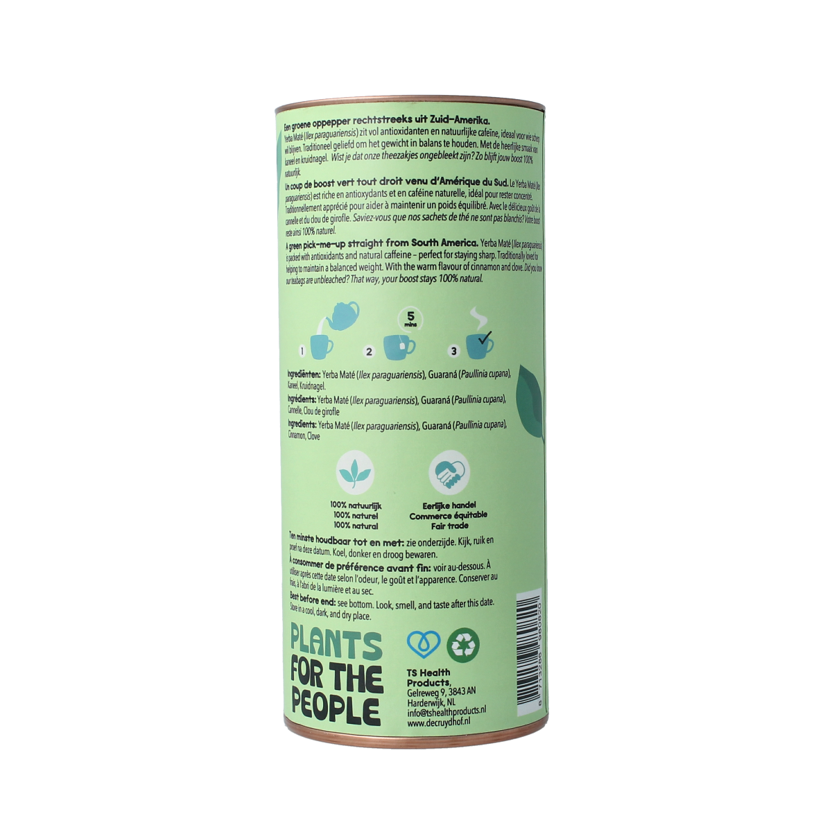 Cruydhof yerba mate and guarana cinnamon tea with cloves, 20 tea bags, natural herbal blend in packaging.