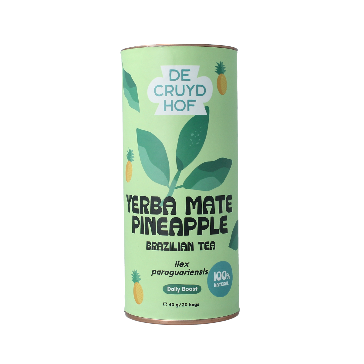 Cruydhof yerba mate pineapple flavored tea, 20 tea bags in a box, for brewing fresh pineapple-infused yerba mate tea.