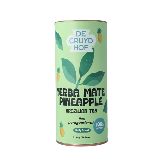 Cruydhof yerba mate pineapple flavored tea, 20 tea bags in a box, for brewing fresh pineapple-infused yerba mate tea.