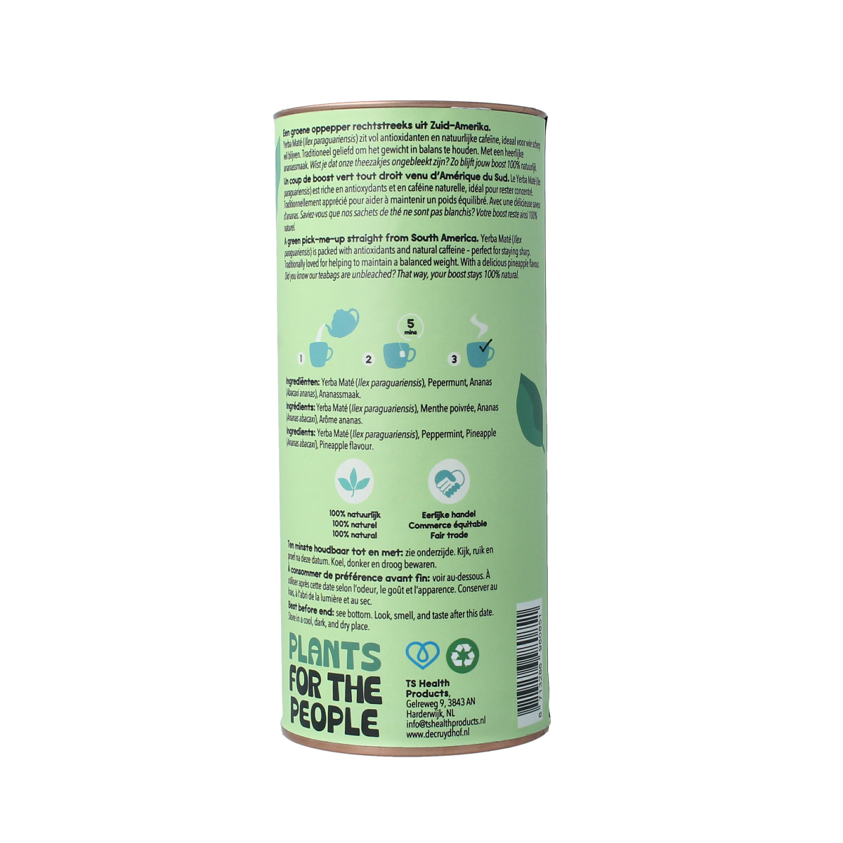 Cruydhof yerba mate and pineapple flavored tea, 20 tea bags, natural and aromatic, in a colorful packaging.