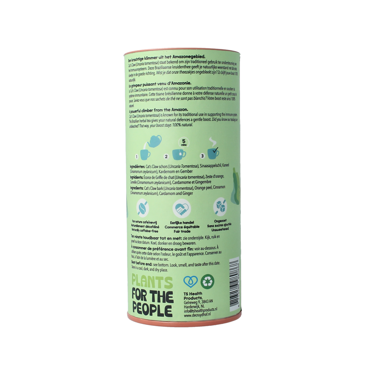 Cruydhof Cats Claw Uncaria Tomentosa tea bags, 20-pack, natural herbal tea for wellness, in packaging with tea leaves and herbs.
