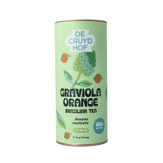 Cruydhof graviola-orange tea bags, 20 pieces, for brewing flavorful herbal tea in a natural, colorful packaging.