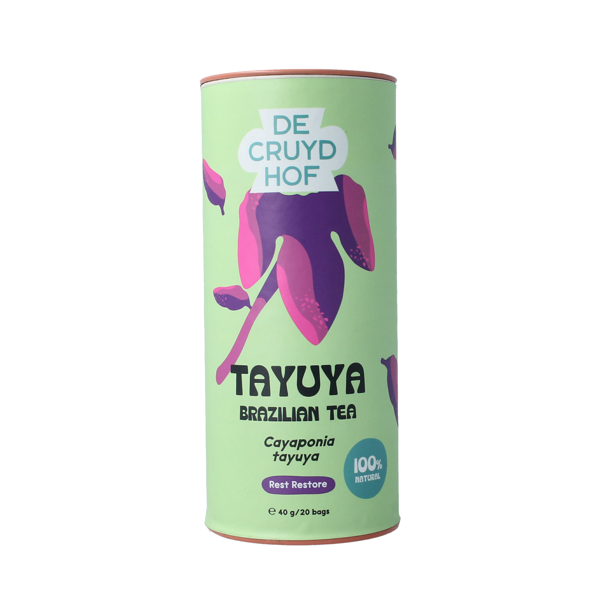 Cruydhof Tayuya tea sticks, 20 pieces, in a clear container with dried Tayuya plant leaves, for herbal tea preparation.