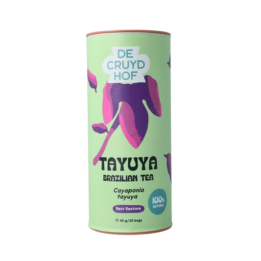 Cruydhof Tayuya tea sticks, 20 pieces, in a clear container with dried Tayuya plant leaves, for herbal tea preparation.