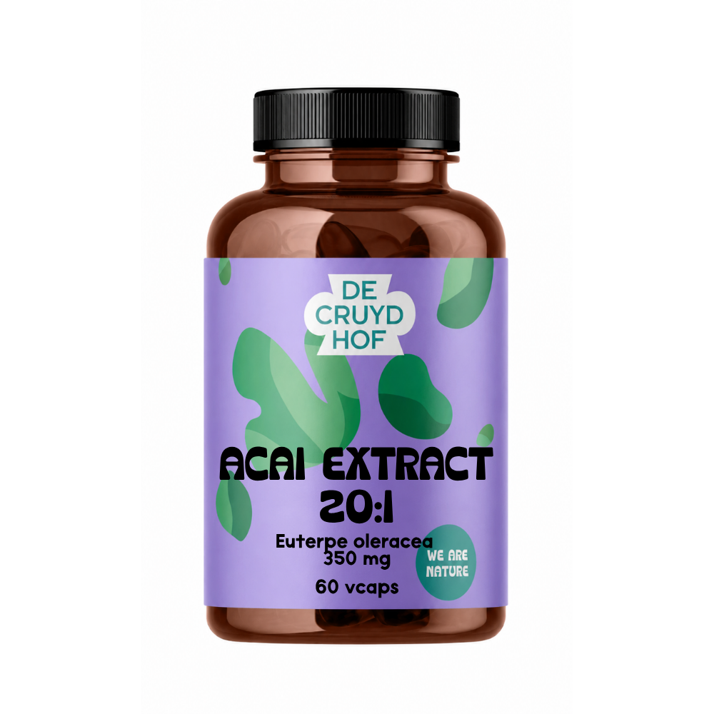 De Cruydhof Acai extract 20:1 vegetarian capsules, dietary supplement with purple acai berry extract in a blister pack