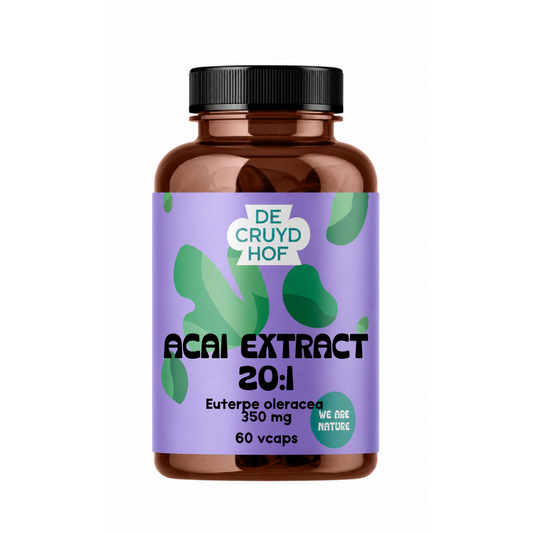 De Cruydhof Acai extract 20:1 vegetarian capsules, dietary supplement with purple acai berry extract in a blister pack