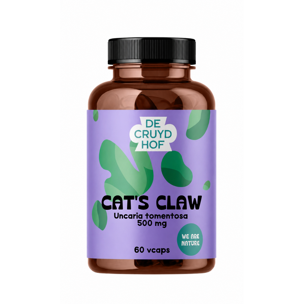 De Cruydhof Cat's Claw vegetarian capsules, dietary supplement in a clear container, featuring green and brown capsules.