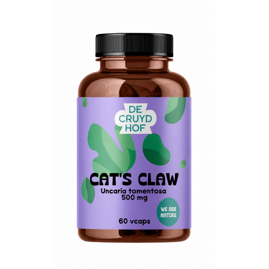 De Cruydhof Cat's Claw vegetarian capsules, dietary supplement in a clear container, featuring green and brown capsules.