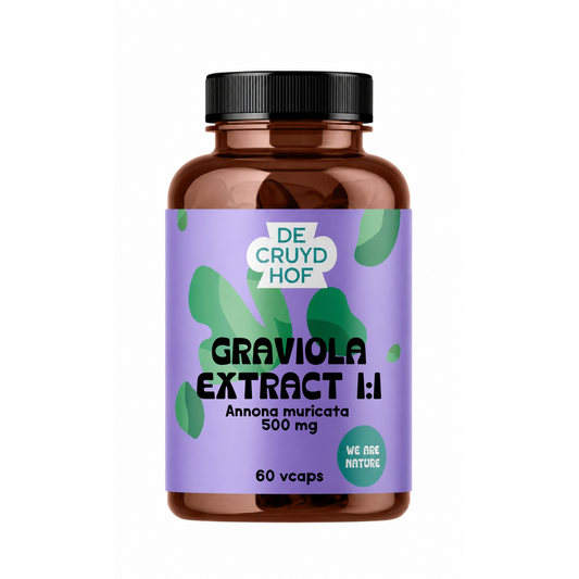 De Cruydhof Graviola fruit extract vegetarian capsules in a bottle, herbal supplement for wellness.