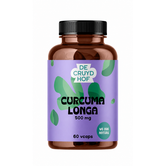 De Cruydhof Curcuma longa vegetarische capsules in een pot, voedingssupplement met kurkuma voor welzijn en natuurlijke gezondheid