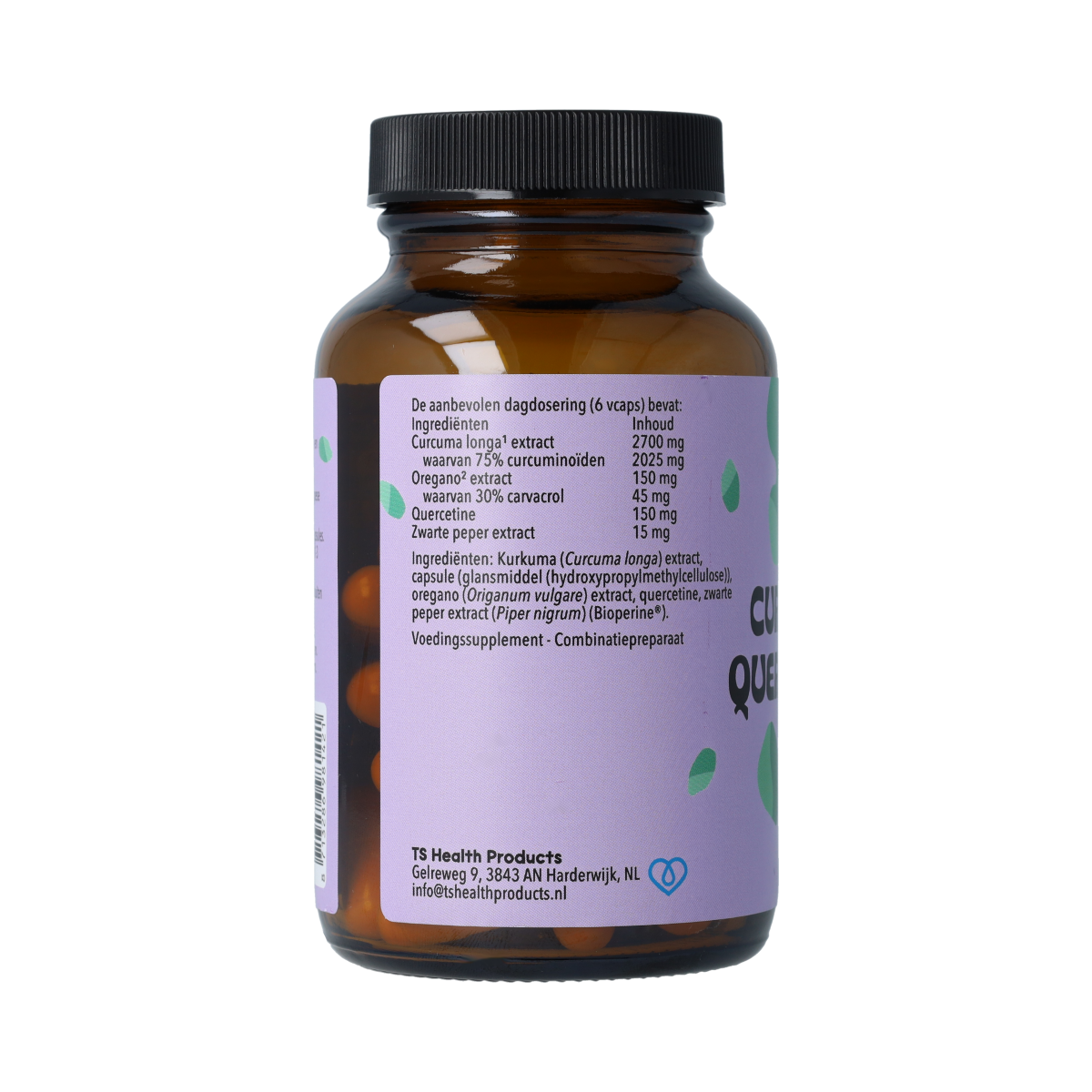De Cruydhof Curcuma Oregano Quercetine complex vegetarische capsules in een pot, voedingssupplement met kruidenpreparaten.