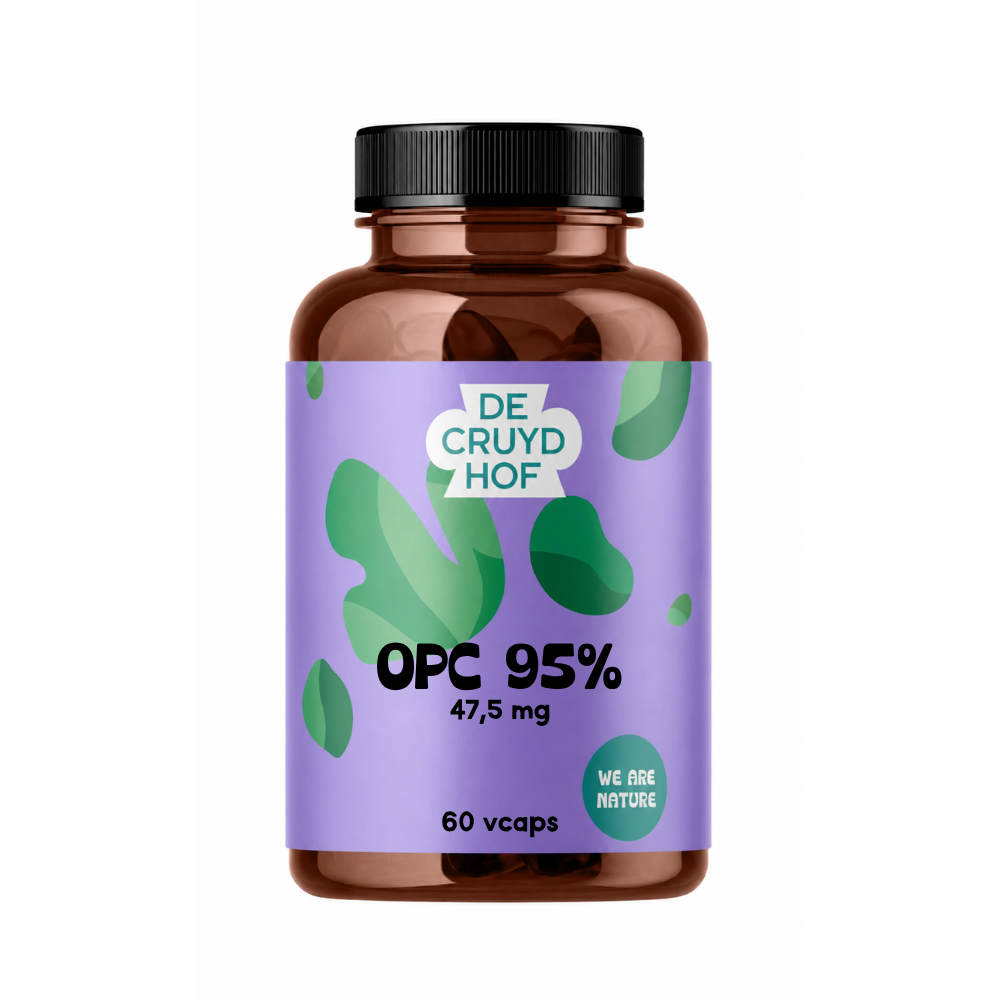 De Cruydhof OPC 95% vegetarian capsules, dietary supplement in a clear bottle with 60 capsules visible.