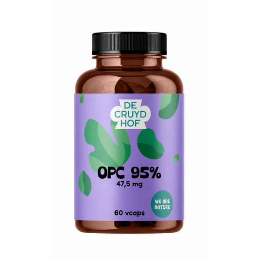 De Cruydhof OPC 95% vegetarian capsules, dietary supplement in a clear bottle with 60 capsules visible.