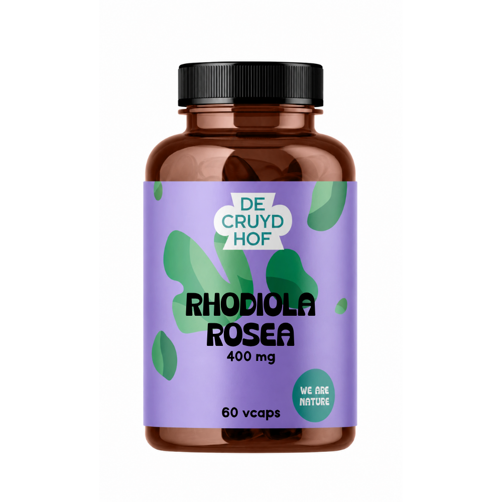 De Cruydhof Rhodiola rosea vegetarian capsules in a blister pack, herbal supplement for energy and stress support.