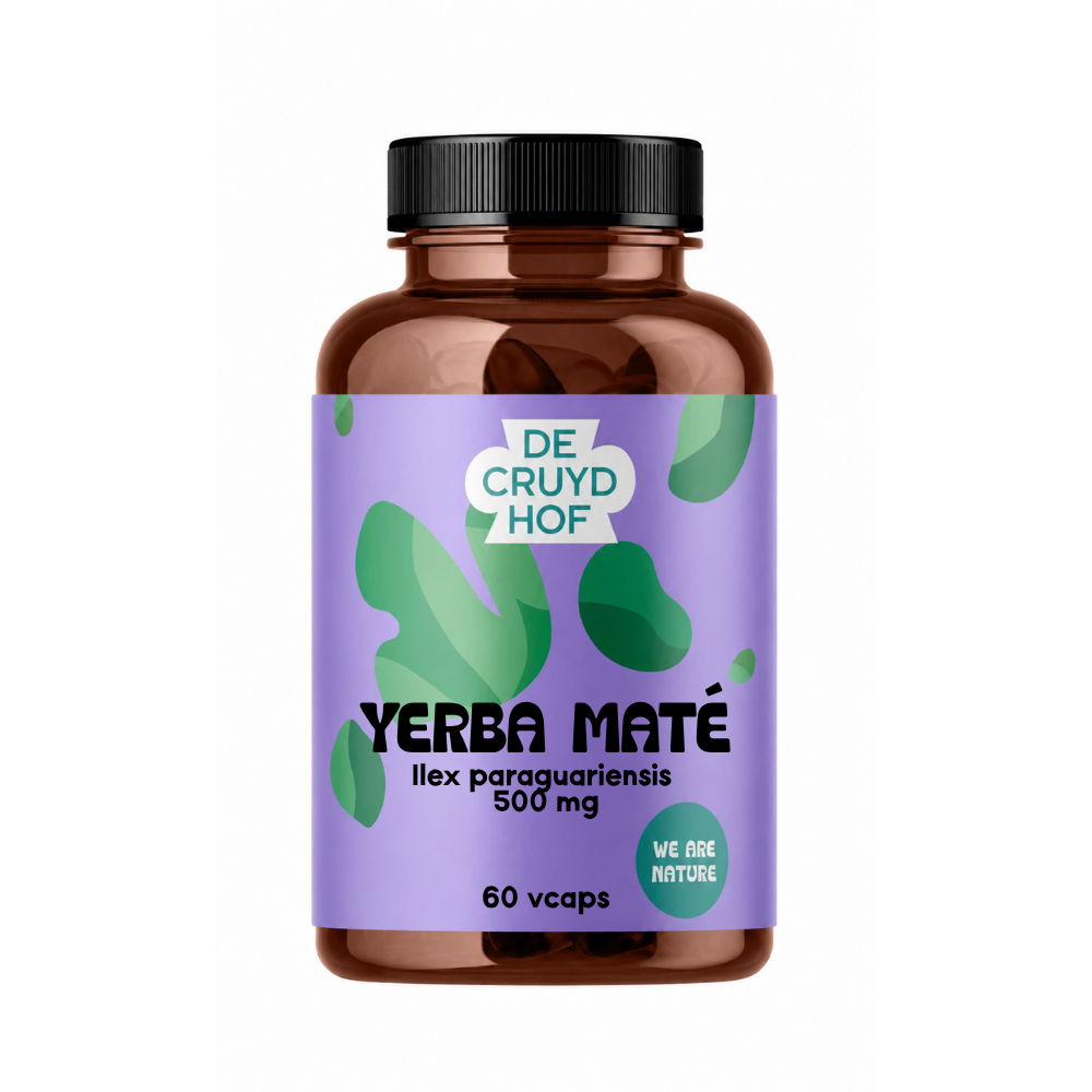 De Cruydhof Yerba Mate vegetarian capsules in a bottle, dietary supplement for energy and wellness, 60 capsules.