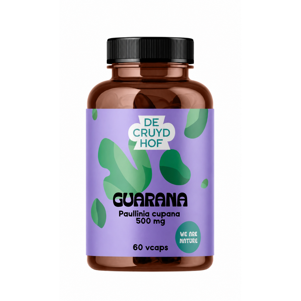 De Cruydhof Guarana bio vegetarian capsules, dietary supplement with green and white capsules in blister pack