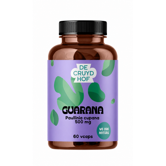 De Cruydhof Guarana bio vegetarian capsules, dietary supplement with green and white capsules in blister pack