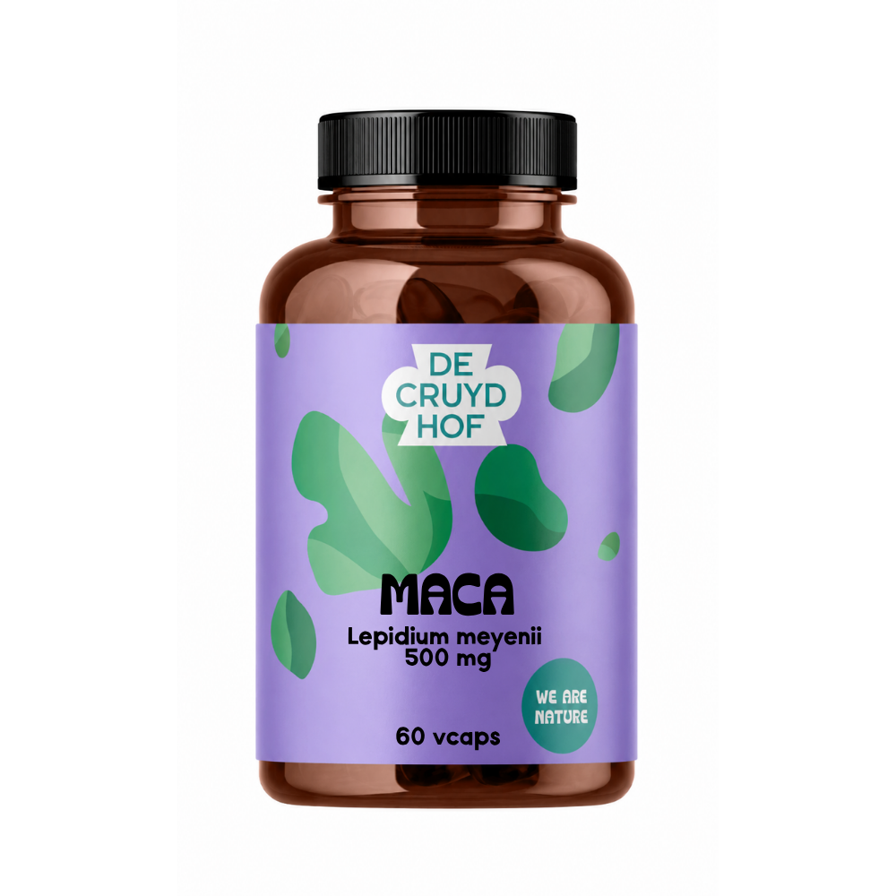 De Cruydhof bio Maca supplement in vegetarian capsules, shown in a clear view of the product bottle and label.
