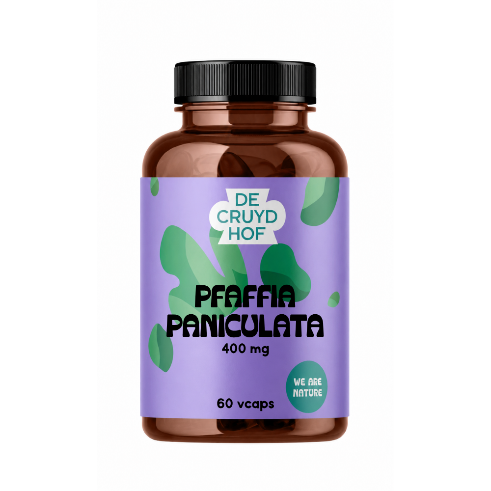 De Cruydhof Pfaffia paniculata vegetarian capsules, 60-count, in a clear container with label showing supplement details.