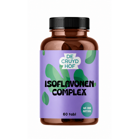 De Cruydhof Isoflavonen complex supplement tablets in a bottle, dietary supplement for hormone balance and natural health support