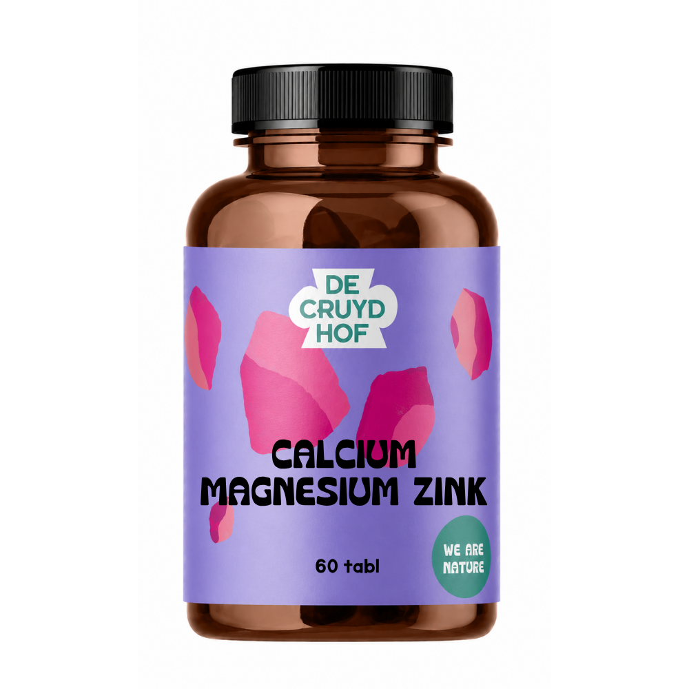 De Cruydhof Calcium Magnesium Zink mineral supplement tablets, 60 count, natural multi-mineral blend in a bottle.