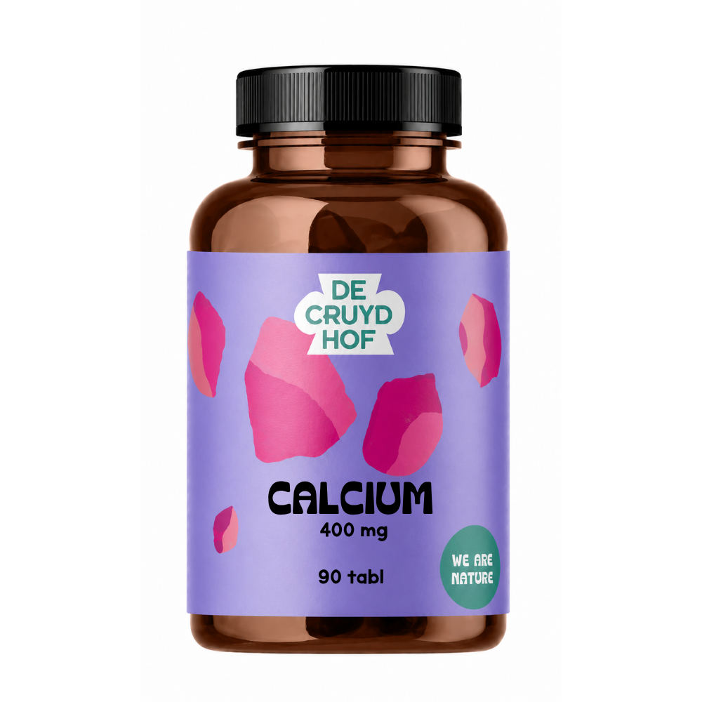 De Cruydhof Calcium supplement tablets, dietary supplement in a clear blister pack, natural herbal product for bone health.
