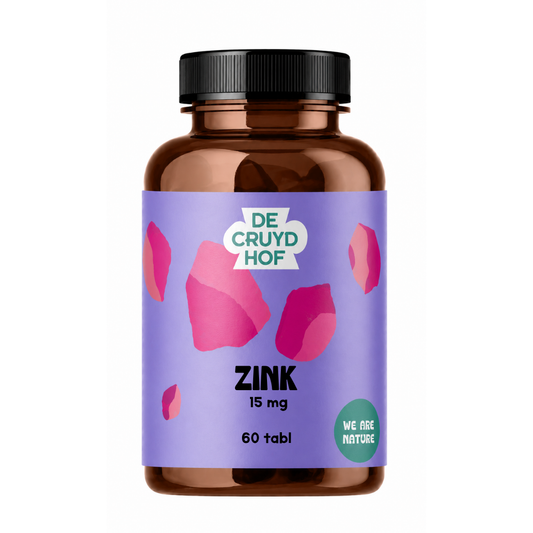 De Cruydhof Zink supplement with 60 tablets in a white bottle, natural herbal health product by De Cruydhof.