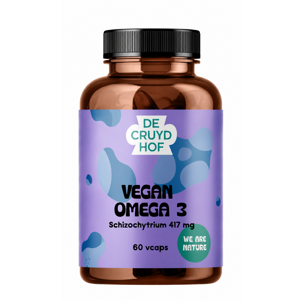 De Cruydhof Vegan Omega 3 capsules, vegetarian dietary supplement in a clear container showing 60 capsules.