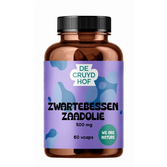 De Cruydhof Zwartbessenzaadolie in 60 vegetarische capsules, dietary supplement with black currant seed oil.